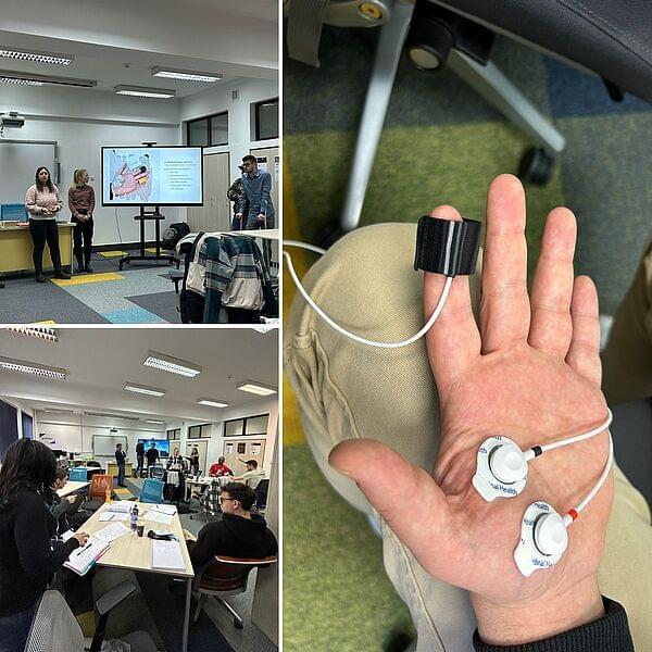 Collage aus drei Bildern. Studierende während einer Präsentation, Teilnehmende in einem Raum an Tischen sitzend, Nahaufnahme einer Hand mit diversen Sensoren