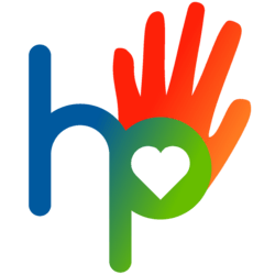 Logo HP Fachschaftsrat - Ein blaues "h" und ein grünes "p" mit einem Herz. Dahinter eine orange Hand.