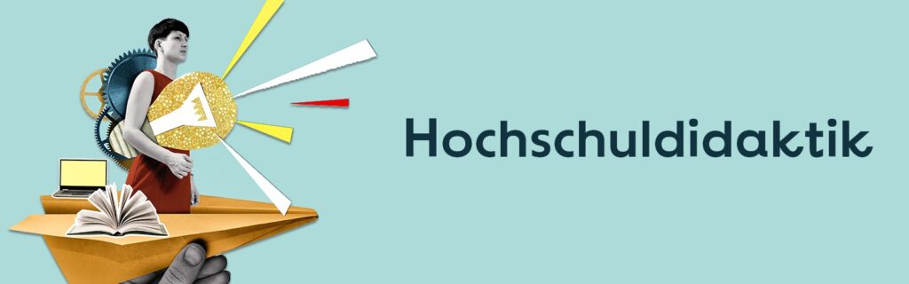 Hochschuldidaktik HSN Links: Grafik, futuristisch - ein Mensch steht auf einem Papierflieger, er trägt verschiedene Dinge. in seinem Rücken sind Zahnräder.