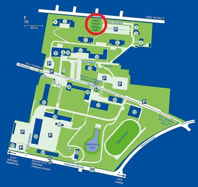 Campusplan. Rot eingekreist der Kunstrasenplatz